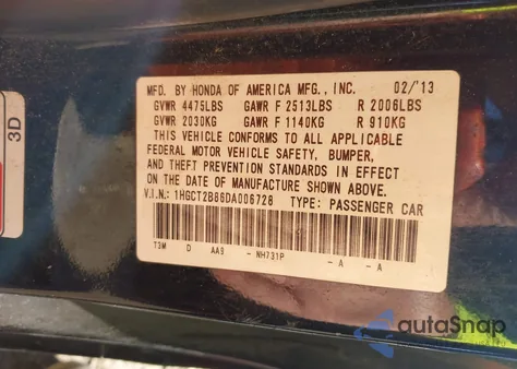 2013 Honda Accord Ex-L V-6 z USA, uszkodzony, nr VIN 1HGCT2B86DA006728